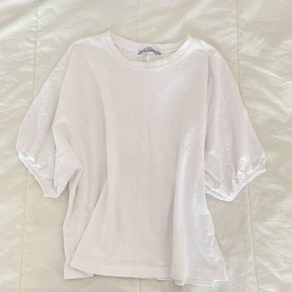 Zara White Short Puff Sleeve Tee